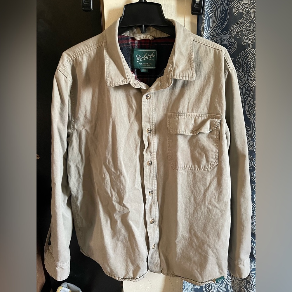 Vintage Woolrich Shirt Mens Large Shacket Plaid Lined Tan Chore Barn Work Jacket
